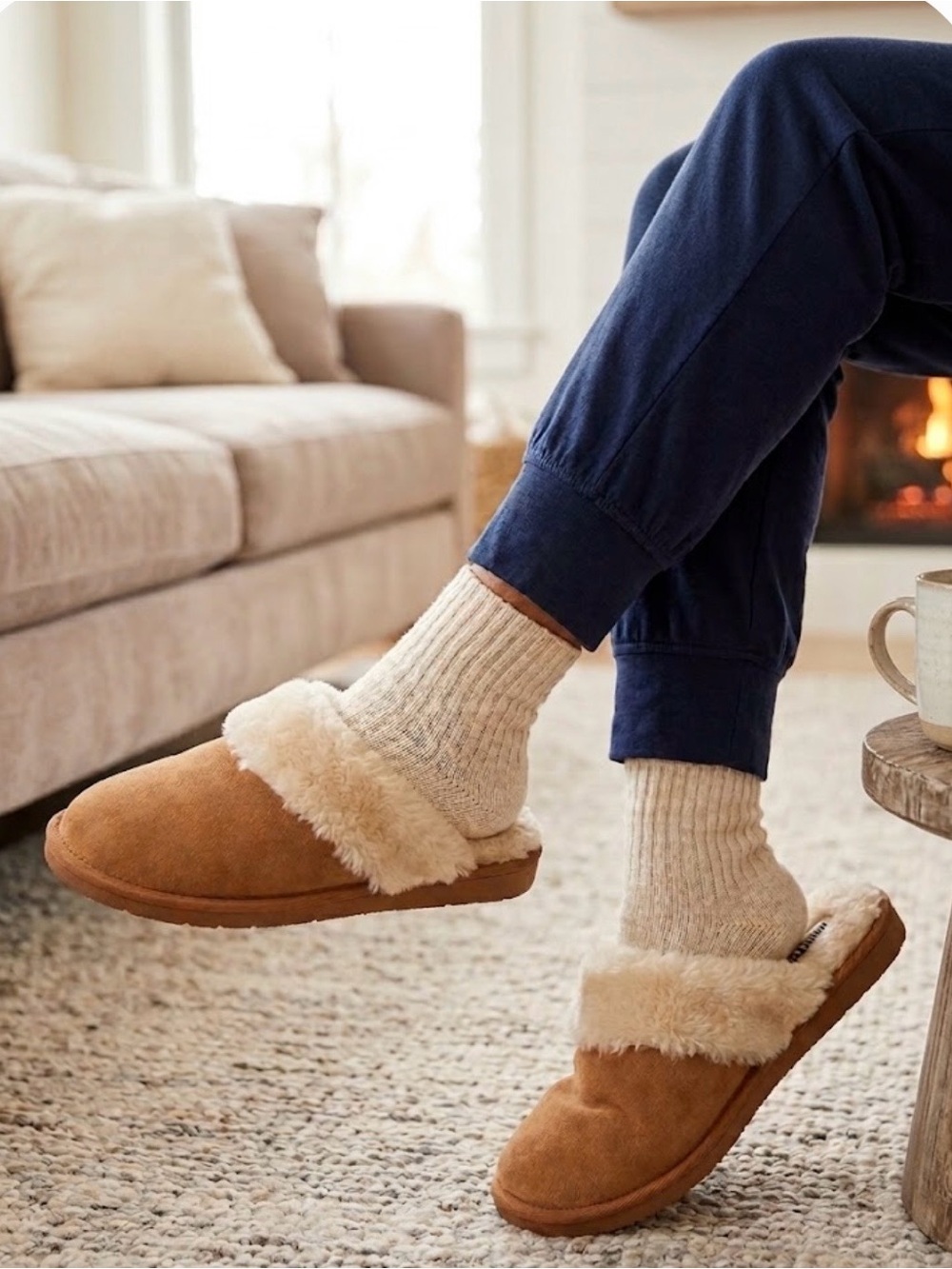 Minnetonka Cinnamon Suede Faux Fur Lined Clog Mule Slippers Size 7